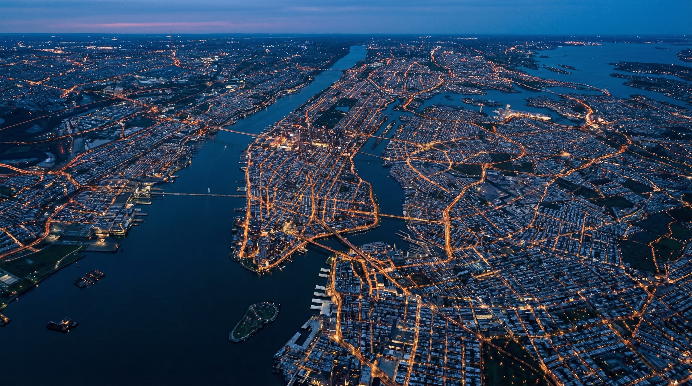 Aerial view of New York City at night